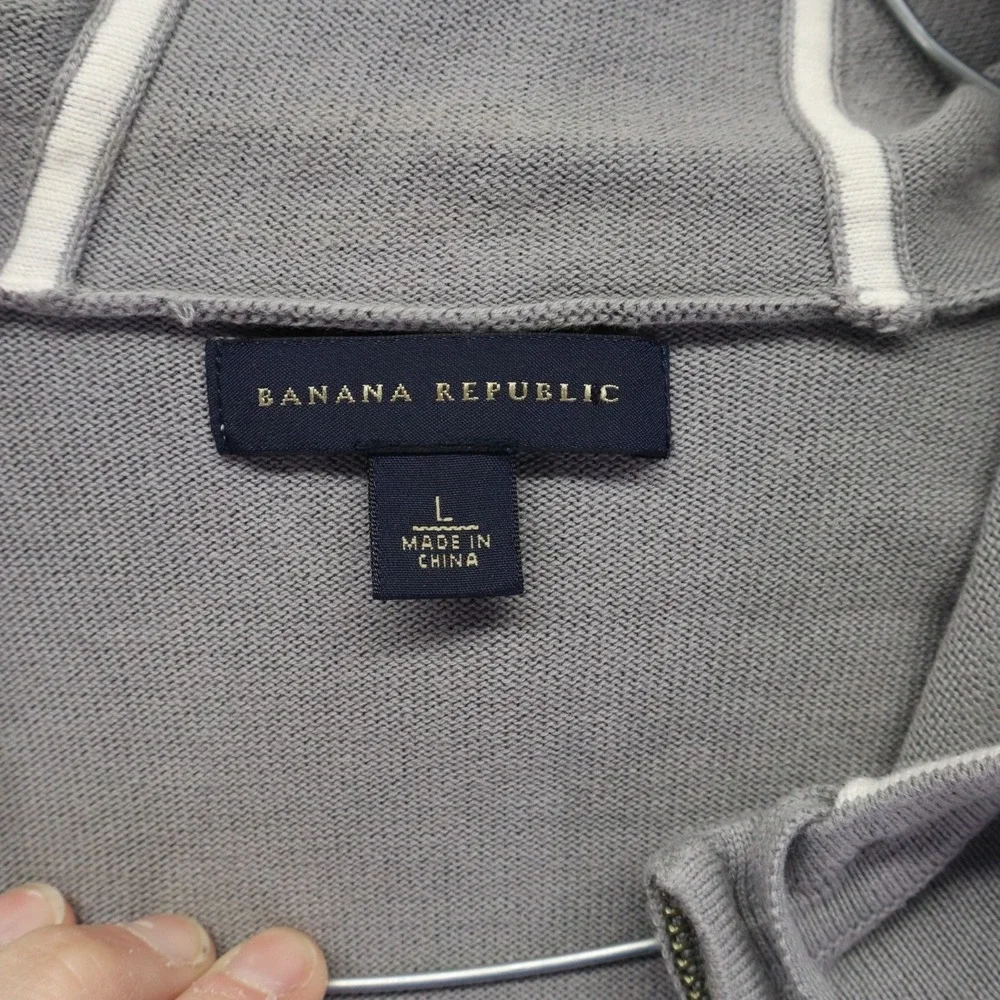 Banana Republic Hoodie Mens Large Full Zip Knit Jacket Gray‎ White Long Sleeve